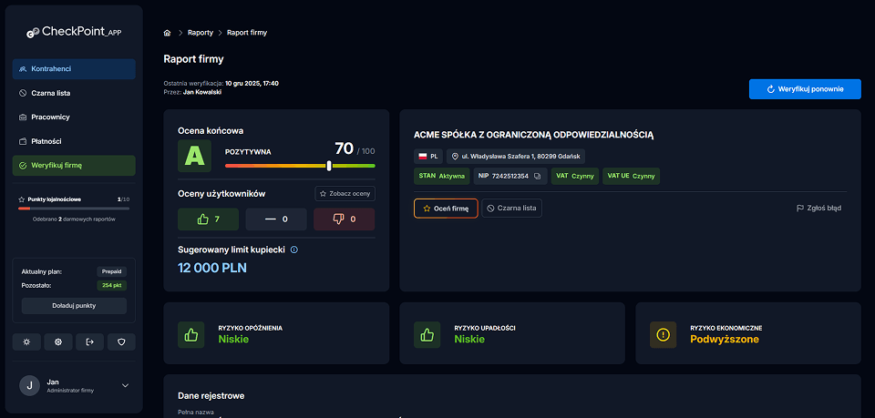 Przykładowy raport CheckCash pokazujący analizę kondycji finansowej firmy, ocenę ryzyka upadłości i wskaźniki płynności
